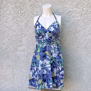 Honolua Wahine Sun Dress Backless Halter Floral Hibiscus Abstract Blue Small
